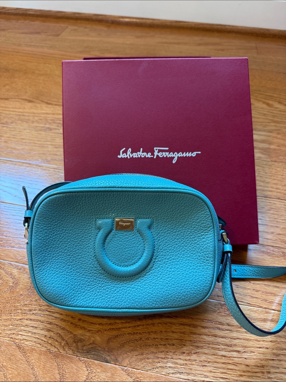 Salvatore Ferragamo Teal Pebbled Leather Gancini Crossbody